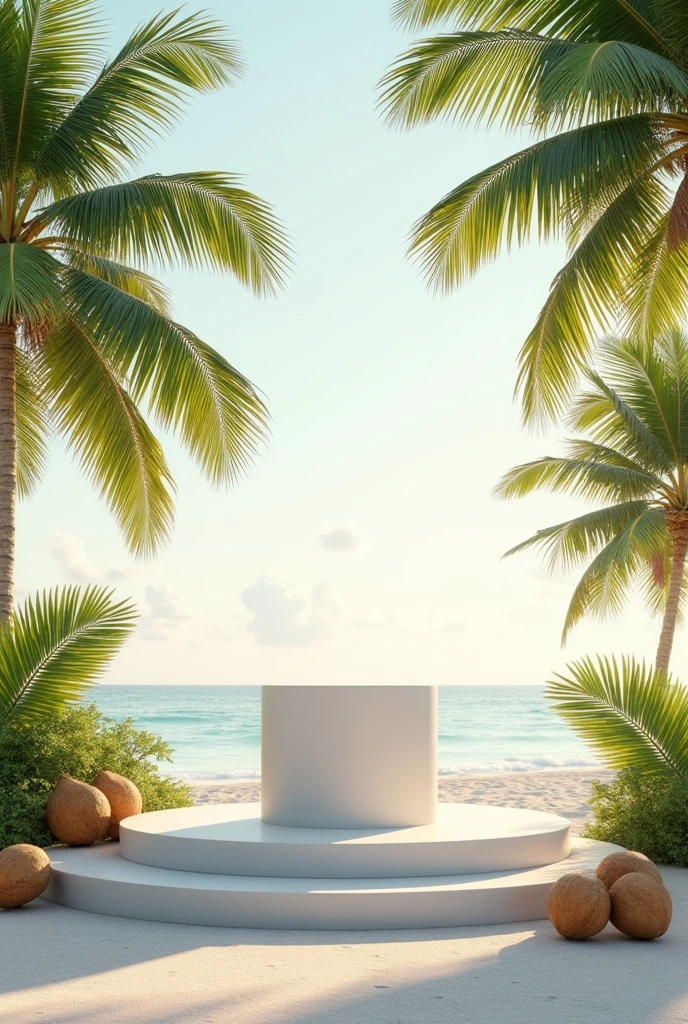 White stone podium in an island setting with coconut trees in the background and coconuts laying on the ground