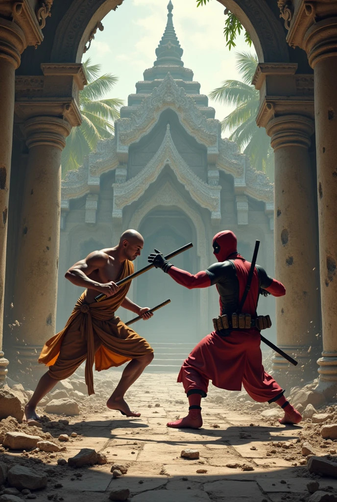 Deadpool fight with Thai monk in broken Thai temple