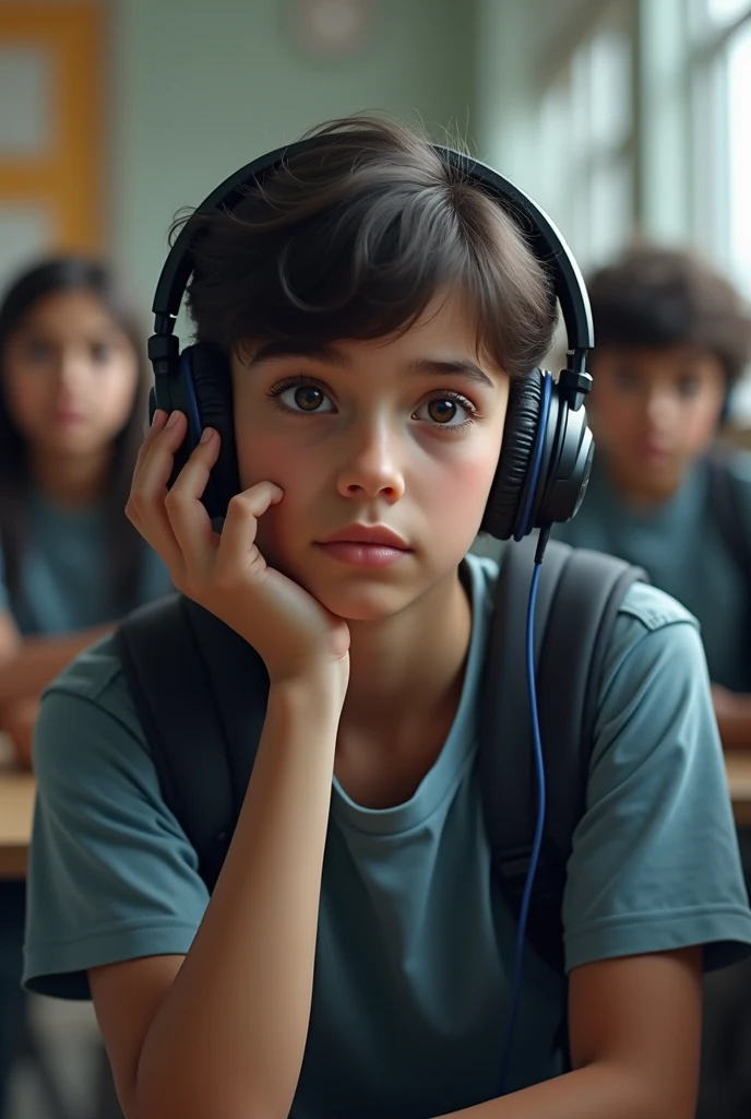 a highschooler is listing to music 
