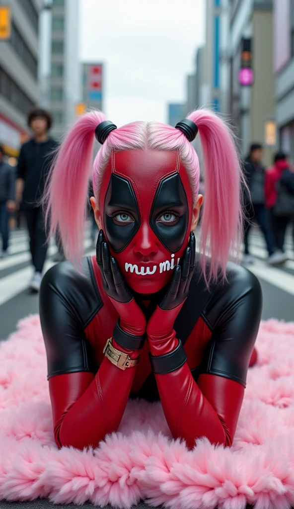 ((Highest quality)), ((masterpiece)), (photograph), (((from below))), ((40 years old)), ((Japanese women)), ((Deadpool costume and mask)), (((The word "mu mi" is written in white letters on the mouth.))), Deadpool woman with pink hair and twin tails, Lying on a fluffy pink bath mat at Tokyo's Scramble Crossing, Surrounded by passers-by,