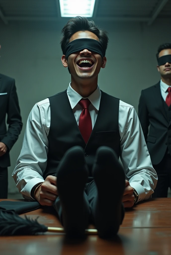 Malaysia malay handsome 23 years lawyer
He laugh very hard
His hand handcuff in abondon warehouse
Blindfolded
handcuff
Black vest Outfit Red tie
Focus feet on desk
feather duster on desk
Blacksock on desk
2 evil mafia rub his feet