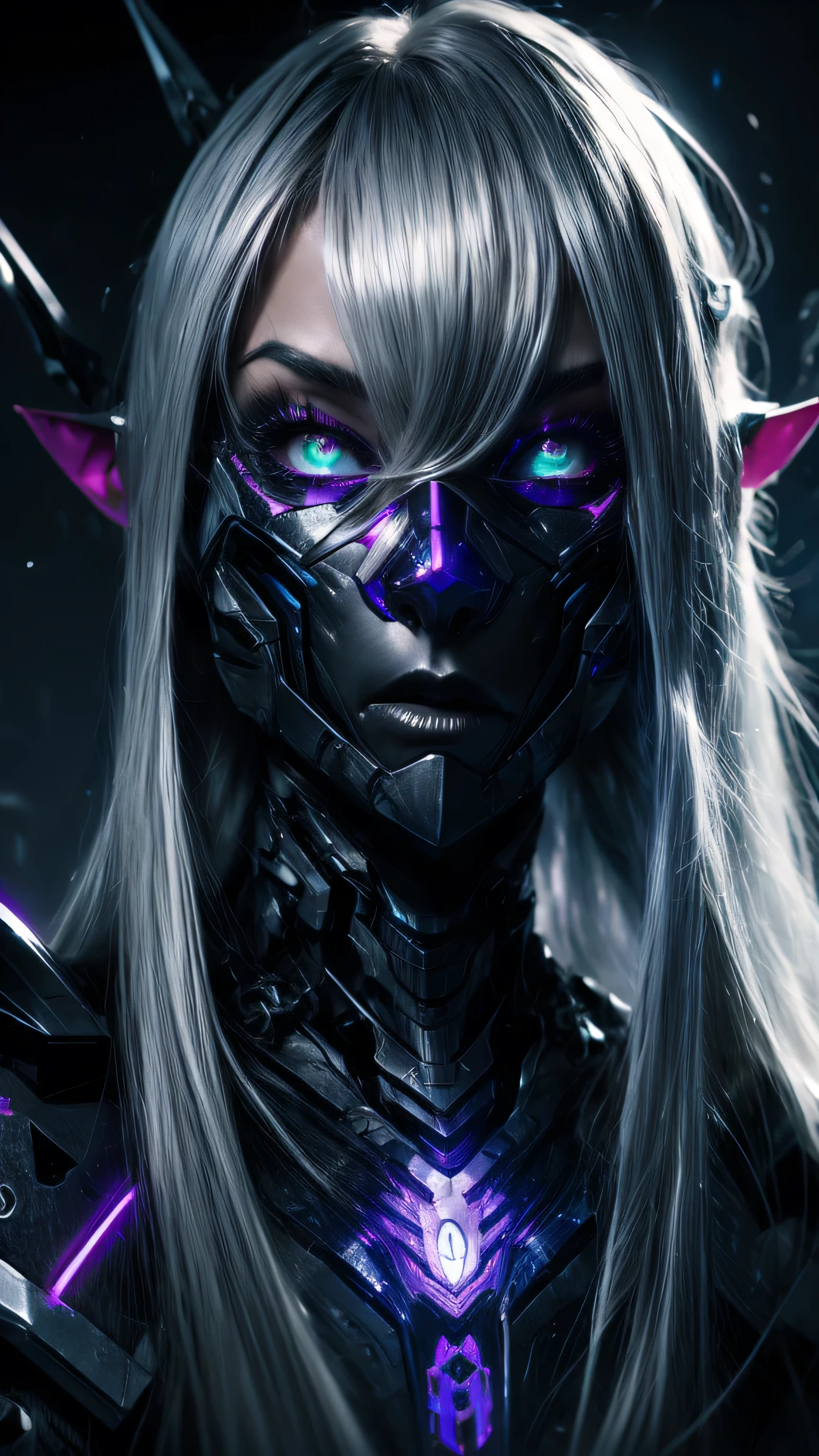 cybernetic dark elf, long platinum hair