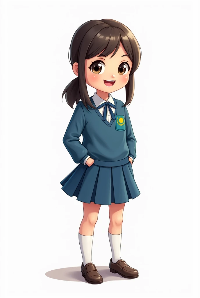 ((officially)) ((masterpiece)) ((Best quality)) ((detailed)) little cartoon schoolgirl in school uniform with Kazakhstan flag emblem on pocket on white background full length