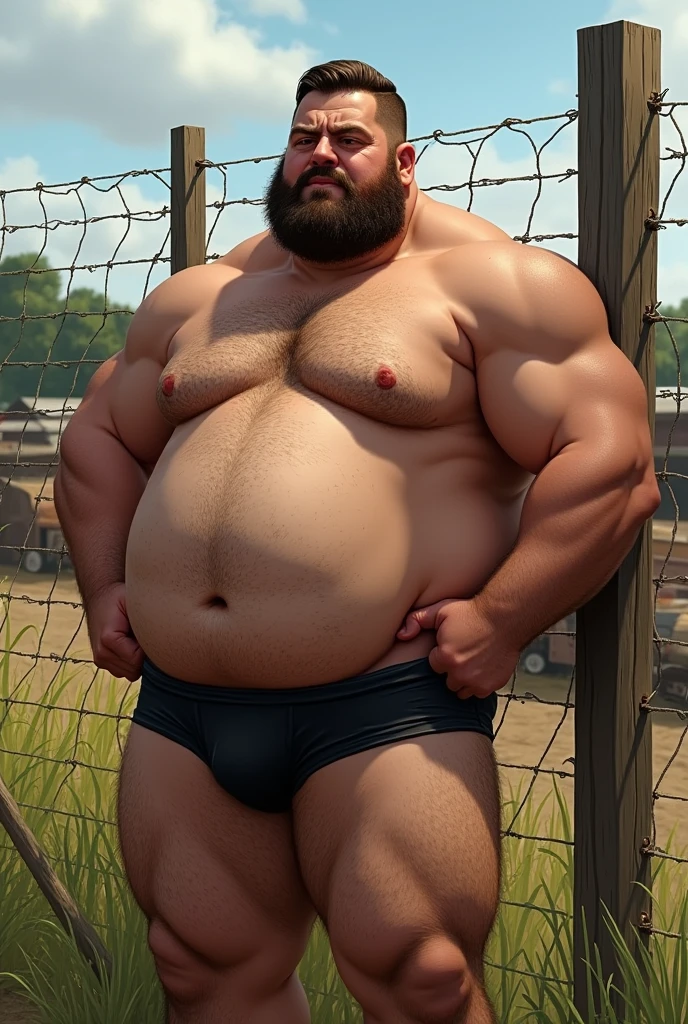 side vive, stocky man with a protruding belly, hairy chest and hairy belly, shirtless and wearing black boxer briefs, he is leaning on a wire fence in the middle of the farm