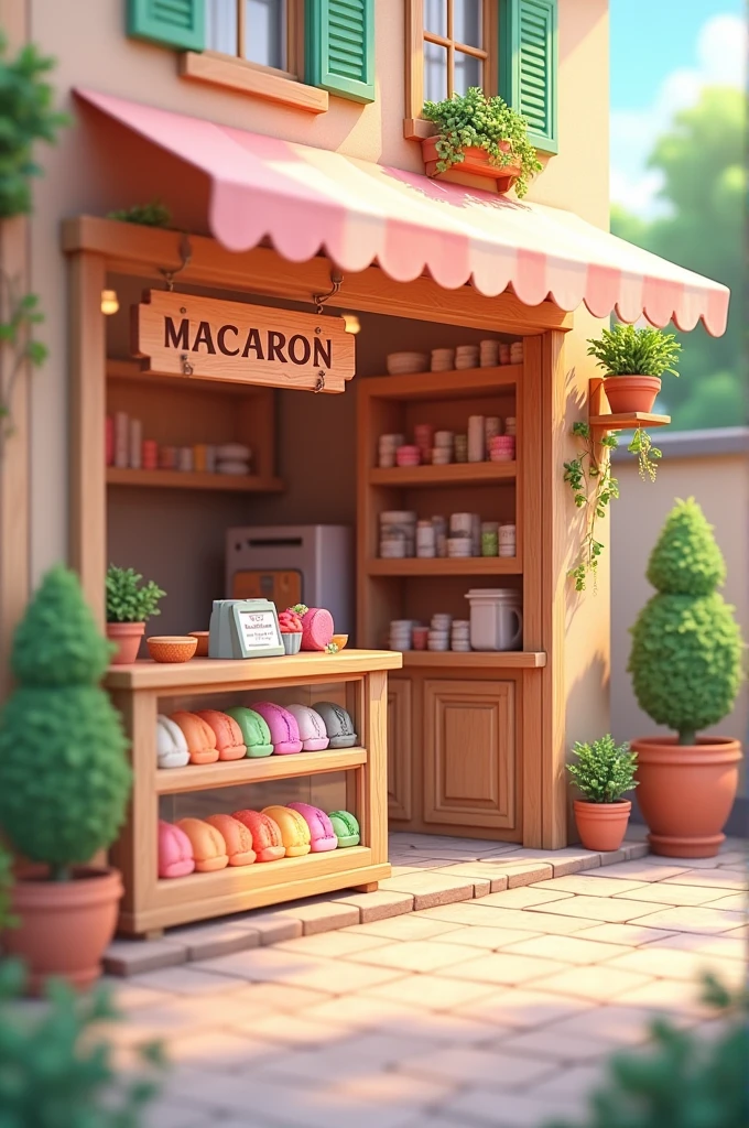 Cute macaron shop, simple, pink orange green tone, using wood material