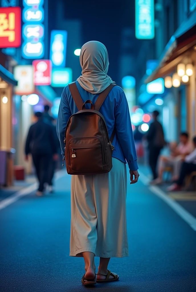 Candid photography (Back view) A woman wears a faded cream colored hijab, blue long-sleeved shirt, aida backpack, long cream colored skirt, and sandals. I was walking and looking at the shops in Itaewon Korea at night. Vibrant blue and purple hues