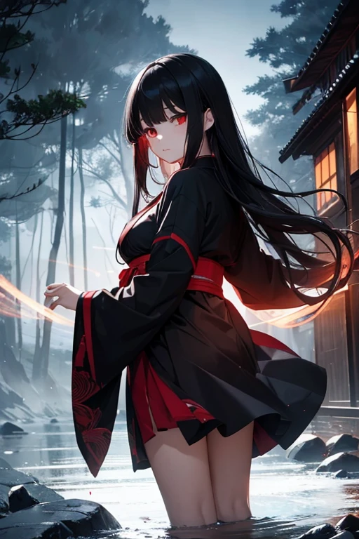 Girl doll, jointed ball, black hair, long hair, red eyes, black kimono, expressionless, dark night, nature, wood, Sanzu River, fog