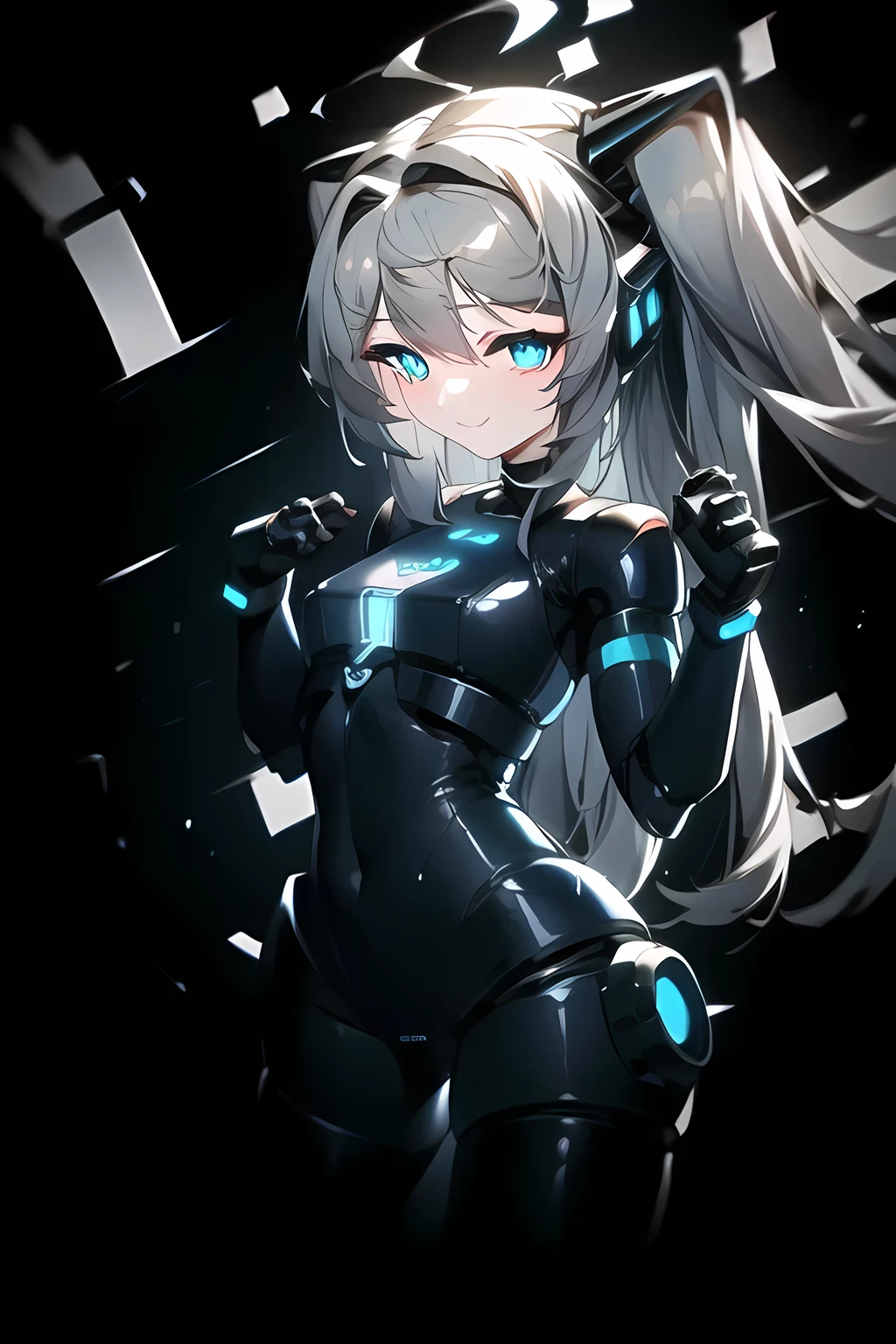 anime girl with blue eyes and long hair in a futuristic outfit, smiling at viewer, android heroine, fully robotic!! catgirl, anime manga robot!! anime girl, fully robotic!! girl, nanogirlv 2, cybersuits, girl in mecha cyber armor, perfect android girl, cyber suit, cybersuit, cyberpunk anime girl mech, kda, anime girl of the future, nightcore, closed hands, round eyes with round pupils