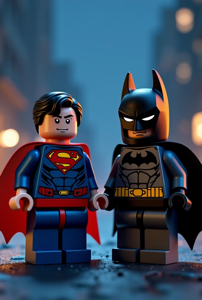 Superman and Batman in Lego art, at night.