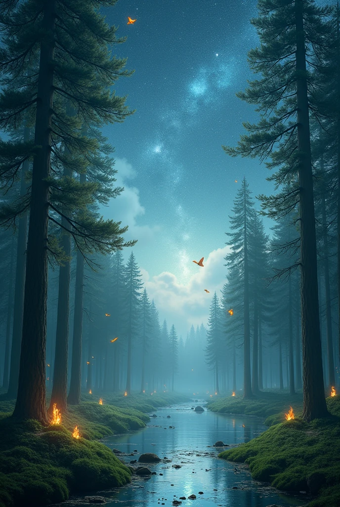 A large pine forest with guided nymphs fluttering around a large river in a landscape with a very large sky full of stars