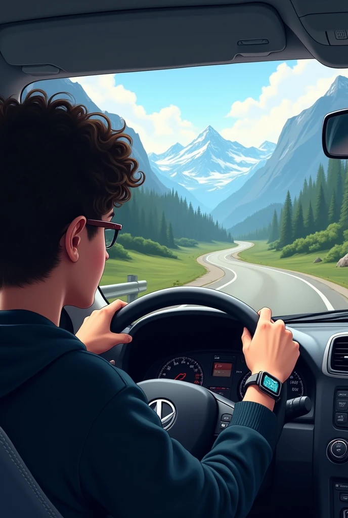 Mountains road, a car inside view, a boy driving the car,wearing black hoodie, curely hair, eyeglasses, watch, touching button 
