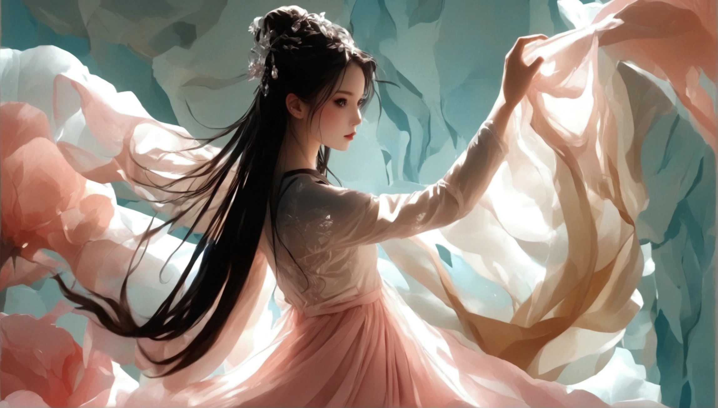 Show full body dance moves；Beautiful dance photography；A ，Solitary；A dancing one；[Long skirt elegant style，Long sleeve；Set，Light pink and white gradient，Traditional style，The skirt has no pattern]；The skirt blends in with the background；[Full body panorama 1.5]，front；Composition：The character is slightly smaller on the right side of the picture；Long hair,advanced sense,Fashion, Dynamic photography, Compelling storytelling, Vortex phenomenon, Angled form, Dynamic Movement, Bold Geometric Shapes, Fragment shape, sharp contrast, Influence of modernism, nature, , modern Art, Astonishing, Unreal Background, Art from (Alessio Albi:1.1), Soft lighting, happy emotion,(close up, Face Focus), (Fractal Art) Extremely detailed,The most beautiful form of chaos, elegant； Simple style；Minimalism。Panoramic photography；Depth of Field, Extraordinary details, masterpiece, high quality, 4K，cinematic lighting, motion blur, depth of field, sparkle, ray tracing, reflection light, anatomically correct, uhd, textured skin, best quality, super detail, highres, high details, accurate, high quality, award winning