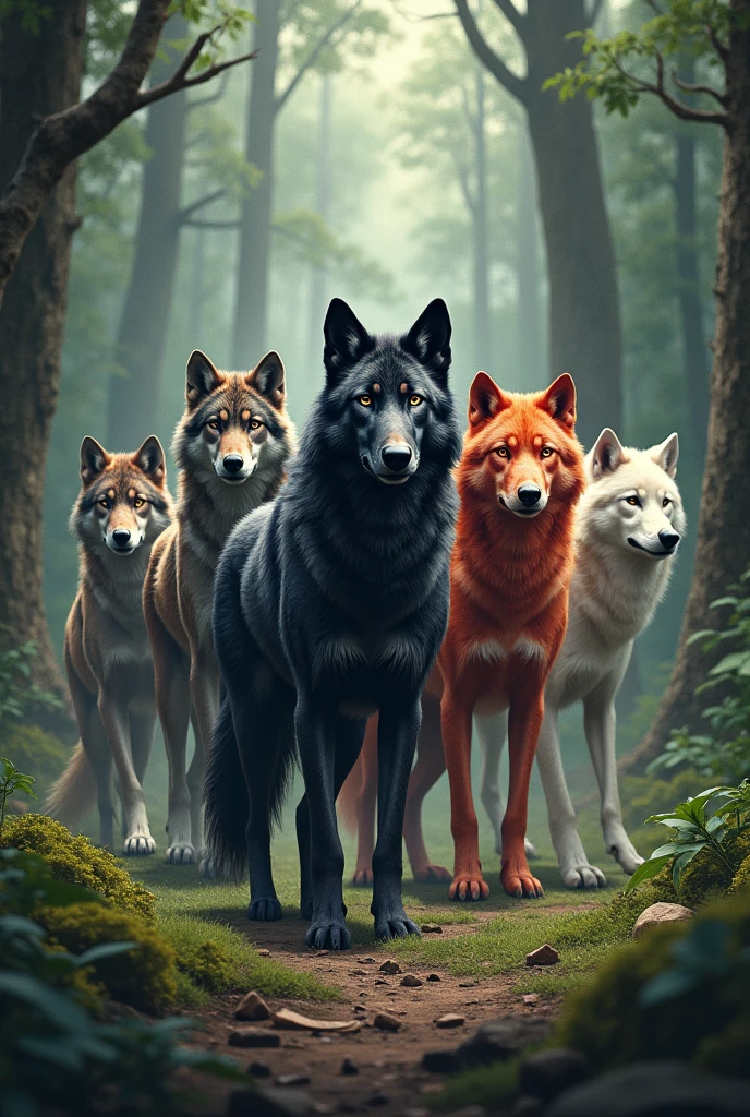 Meute de loup magnifiques réaliste de differentes couleurs dans la foret