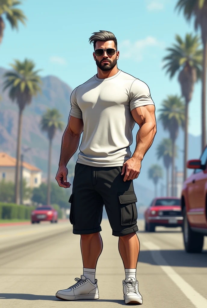 Caucasian man, gray gradient haircut, muscular, 85kg, Athletic, gray gradient beard, Basic white t-shirt, Black cargo shorts, White sneakers, bonitas, 4K, front pose, GTA LOS SANTOS style sunglasses and add GTA V Los Santos game landscape with game style vehicles