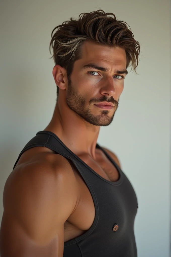Attractive white male with brown hair with streaks of white a slim but muscular build
