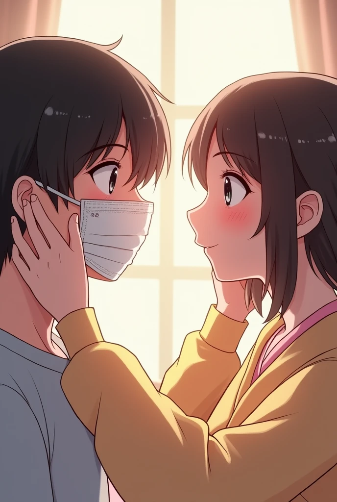 cute masked japanese girlfriend holding surgical mask strap to put on boyfriend's ear. Front view. Boyfriend point of view. Photo realism