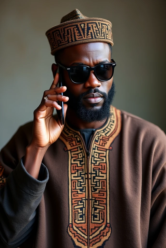 Photo 1 : jeune homme d’affaires de la trentaine ,black complexion,tall,with beards , dress in toghu and toghu hat woven in wool from the far north of Cameroon , who is talking on the phone and he is wearing very dark black glasses
