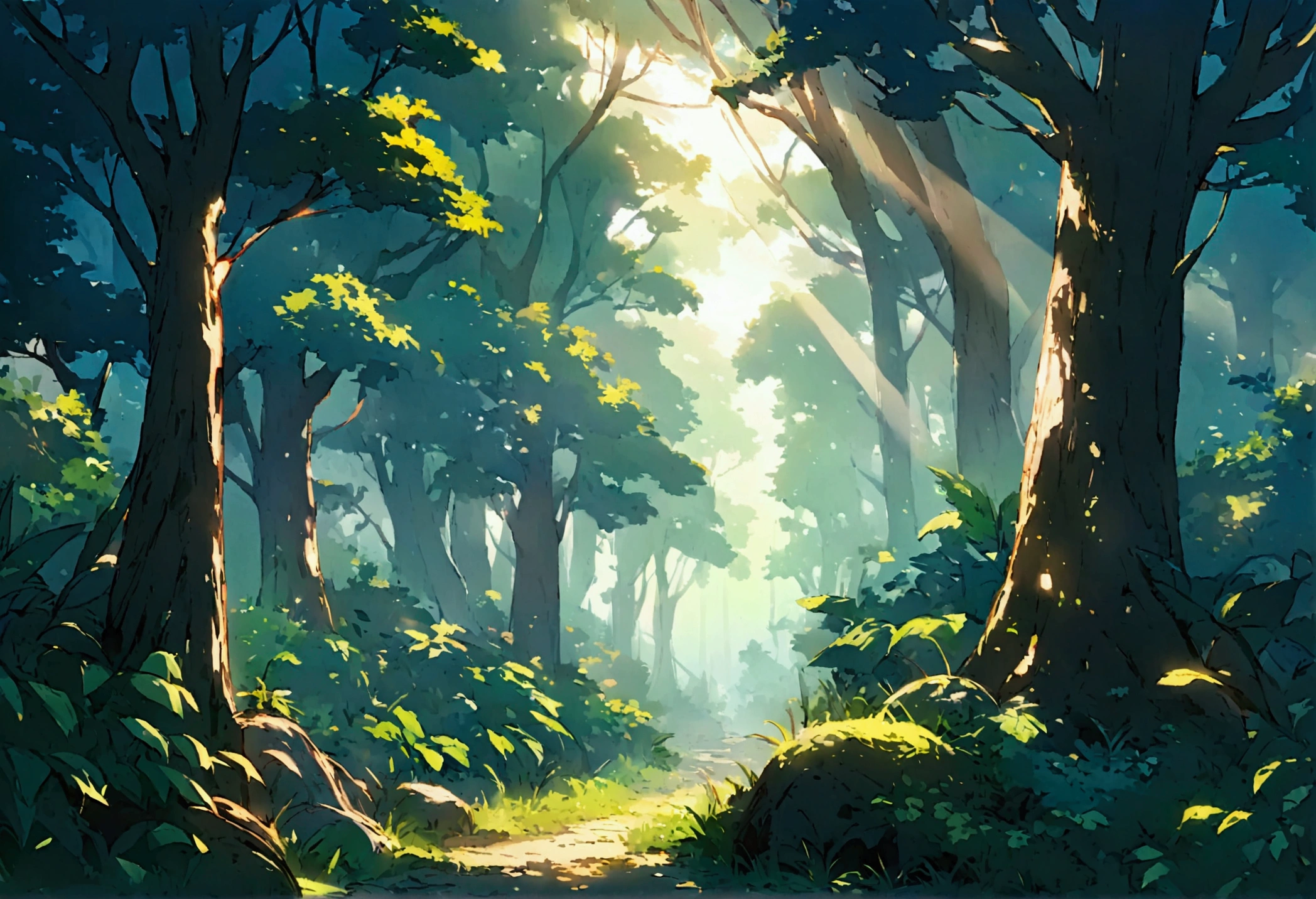 A mist-covered ancient forest at dawn, with sunlight filtering through the dense foliage.