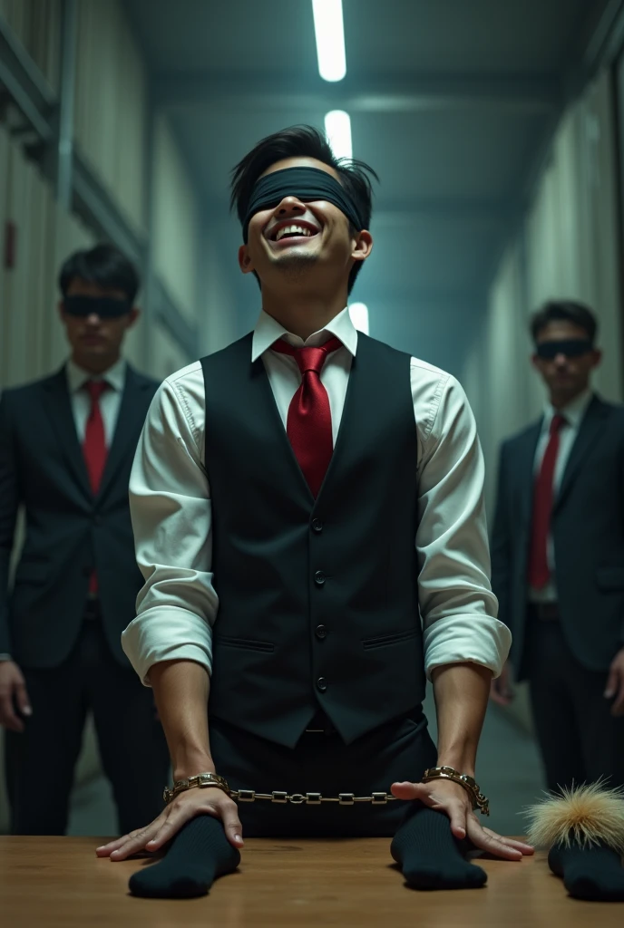 Malaysia malay handsome 23 years lawyer
He laugh very hard
His hand handcuff in abondon warehouse
Blindfolded
handcuff
Black vest Outfit Red tie
Focus feet on desk
feather duster on desk
Blacksock on desk
2 evil mafia rub his feet