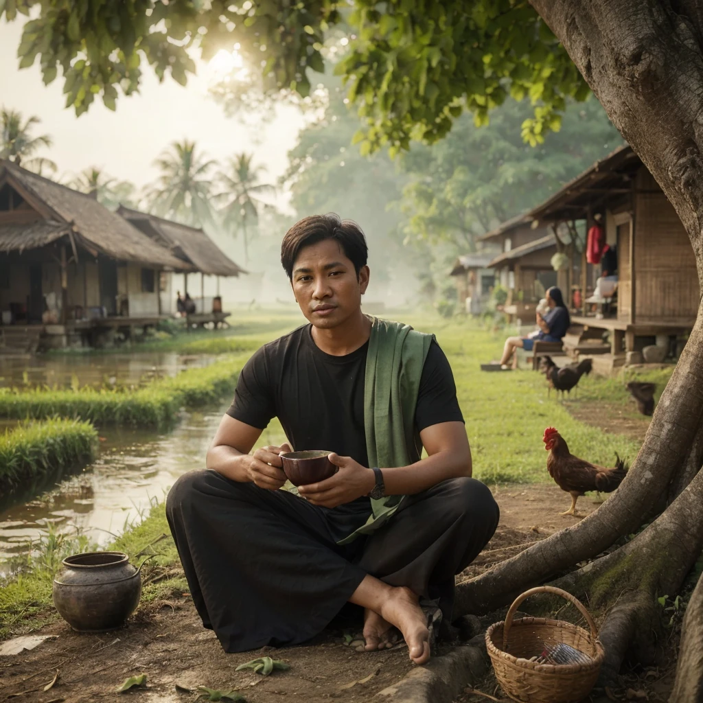 Indonesian male, 2, slightly fat, round and clean face, seen drinking tea under a big tree, long black t-shirt, black sarong, black Kopyah, black sandals, green shawl on shoulders, sitting cross-legged, rural atmosphere In the past, 1945, lots of houses, rice fields, rivers, rainbows, falling leaves, birds singing, chickens and their parents, village residents, busy, beautiful, beautiful, accompanied by smog, in the afternoon, HD, photography, realistic.