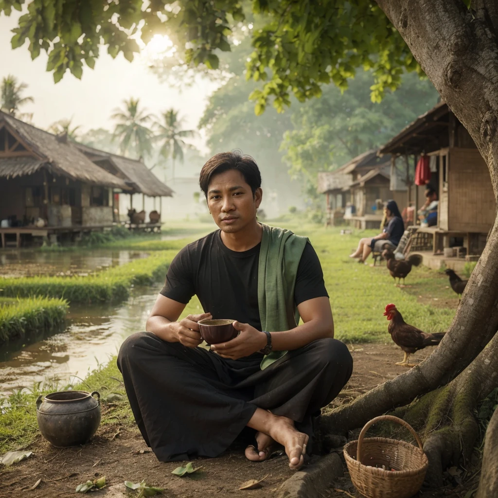 Indonesian male, 2, slightly fat, round and clean face, seen drinking tea under a big tree, long black t-shirt, black sarong, black Kopyah, black sandals, green shawl on shoulders, sitting cross-legged, rural atmosphere In the past, 1945, lots of houses, rice fields, rivers, rainbows, falling leaves, birds singing, chickens and their parents, village residents, busy, beautiful, beautiful, accompanied by smog, in the afternoon, HD, photography, realistic.