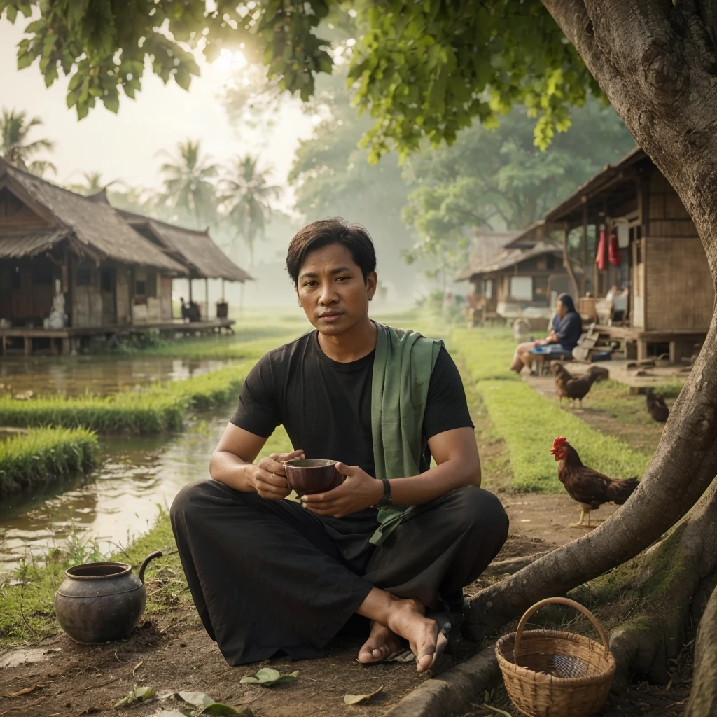 Indonesian male, 2, slightly fat, round and clean face, seen drinking tea under a big tree, long black t-shirt, black sarong, black Kopyah, black sandals, green shawl on shoulders, sitting cross-legged, rural atmosphere In the past, 1945, lots of houses, rice fields, rivers, rainbows, falling leaves, birds singing, chickens and their parents, village residents, busy, beautiful, beautiful, accompanied by smog, in the afternoon, HD, photography, realistic.