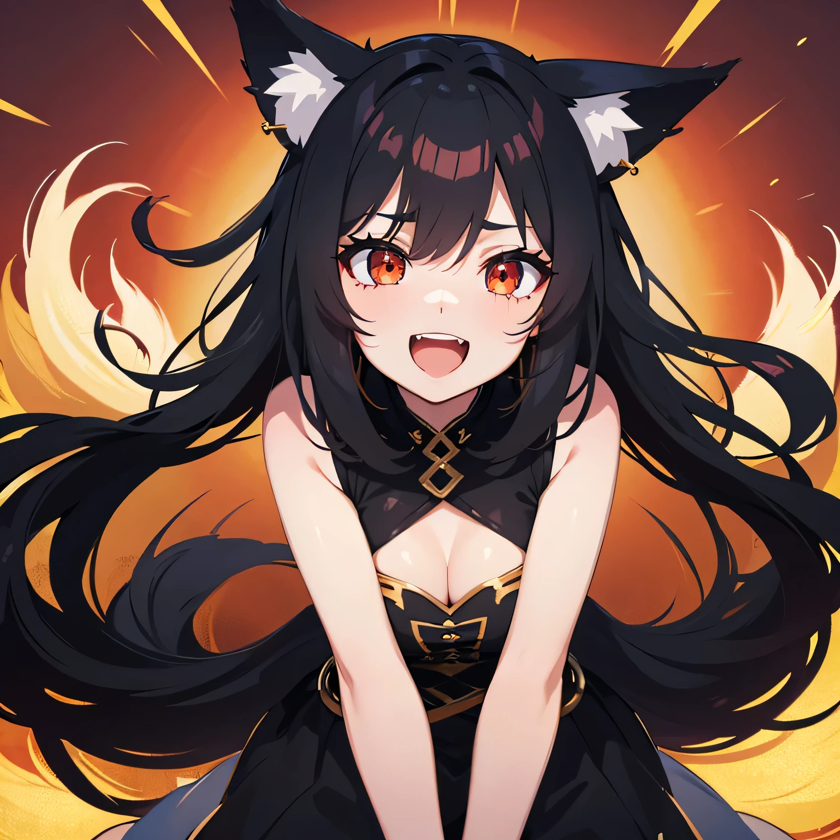 1 , high resolution, Bblack hair, hair rings, fox ears, laughter, Eyes red, RAND, jewel, anime styling, 
