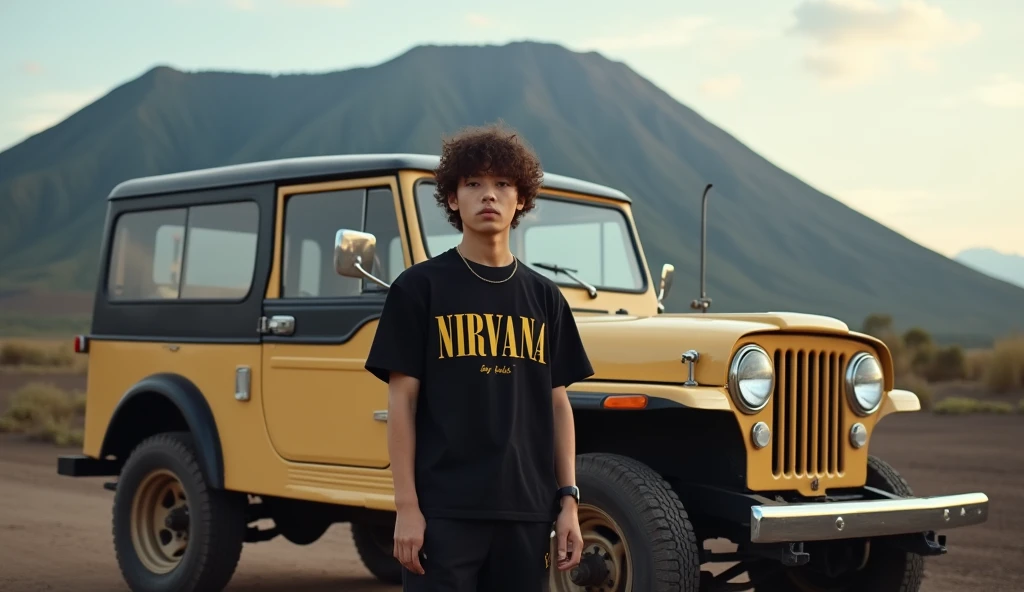 Stunning professional photo of a Korean young man curly hair, standing next to a classic beige Jeep parked in front of Mount Bromo. Wearing black tshirt NIRVANA he posed near a Jeep equipped with radial tires, brightly colored windows and black accents, exuding a sense of adventure. The Bromo savanna illuminates the landscape, creating a harmonious blend of modern and classic elements
Ultra-realistic 8K photograph, shot with a Leica Q2, strong color contrast and sharp clarity --quality 2 --