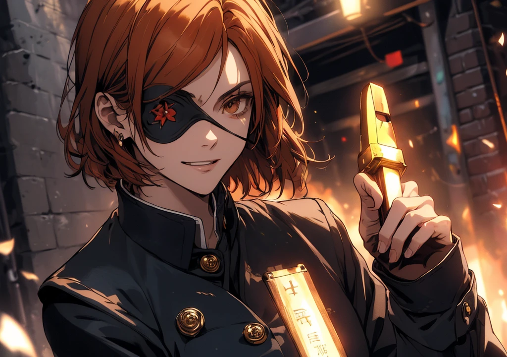 masterpiece,top quality,high resolution,ultra detailed,ultra high definition,precise,high detail,very detailed,ultra fine illustration,HD,8k 1.5),
solo,Nobara Kugisaki,uniform,Jacket,Shiny orange soft hair,Highly detailed brown eyes,Navy Blue Skirt,Navy blue shirt,Long sleeve,Short High ,short hair,(Eyepatch on left eye,黒Jacket:1.2),button,Long sleeve,Black Skirt,High Waist Skirt,Black Pantyhose,night,High contrast,(Highly detailed man leaning against wall in dark alley,Creepy,Dim Light),Detailed face,Textured skin,Hair flowing in the wind,Skirt fluttering,Crazy smile,Highly detailed red rose background,A pale light shining in my hand,(With a hammer in his right hand,Put a nail in your left hand,Cross your hands:1.3),Delicate red petals blend into intricate patterns,Cinematic light effects,Halo,reflected light, Shadows cast on face and surroundings,full moon,Sharp lines,Red and black shades,anime, Dark atmosphere,Fantasy,Three-part method,Upper Body,Dutch Angle, Overlooking,