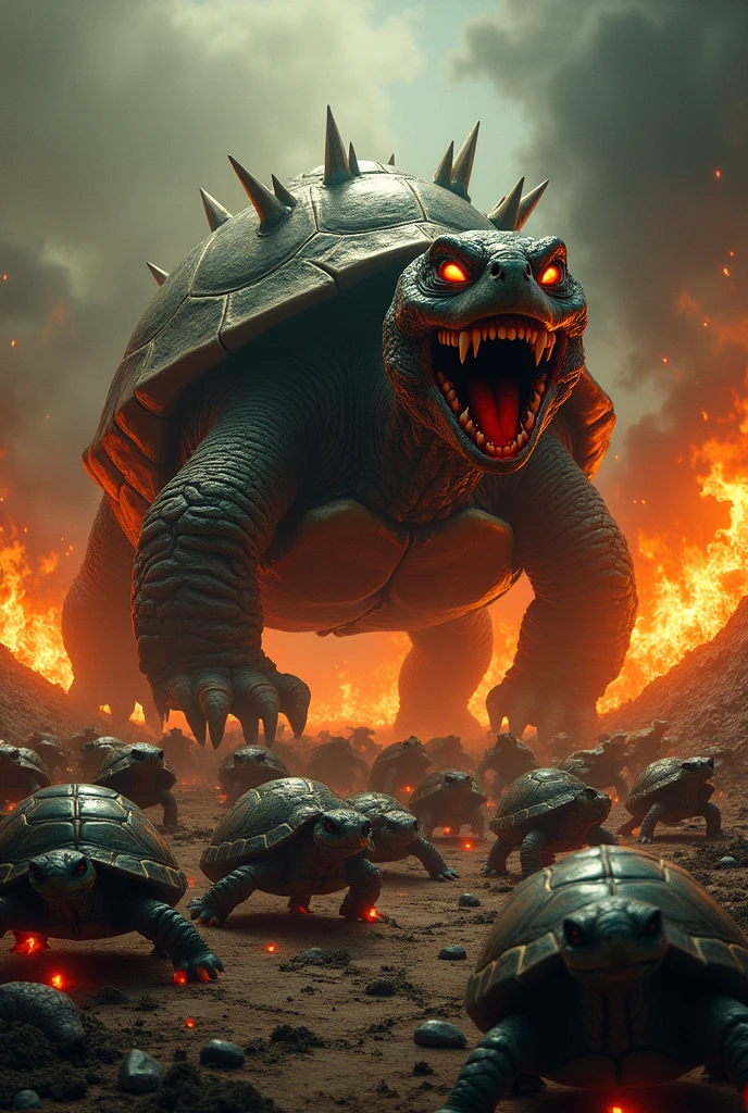 Turtle Hell, scared and afraid turtles, everything on fire with a giant turtle behind it laughing