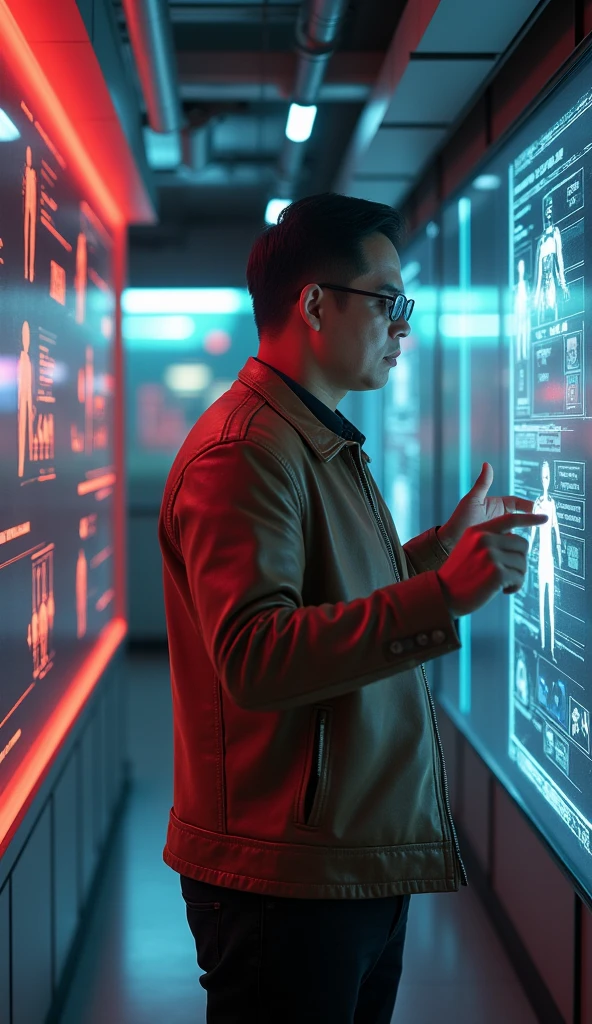 A handsome 40 year old Indonesian man, neat short hair, fat, wearing a brown leather jacket and black pants.interact with a futuristic digital screen showing images of men and women.The screen has holographic elements and red light.. the man is holding futuristic glasses, with a background full of technology icons. very real, ultra HD