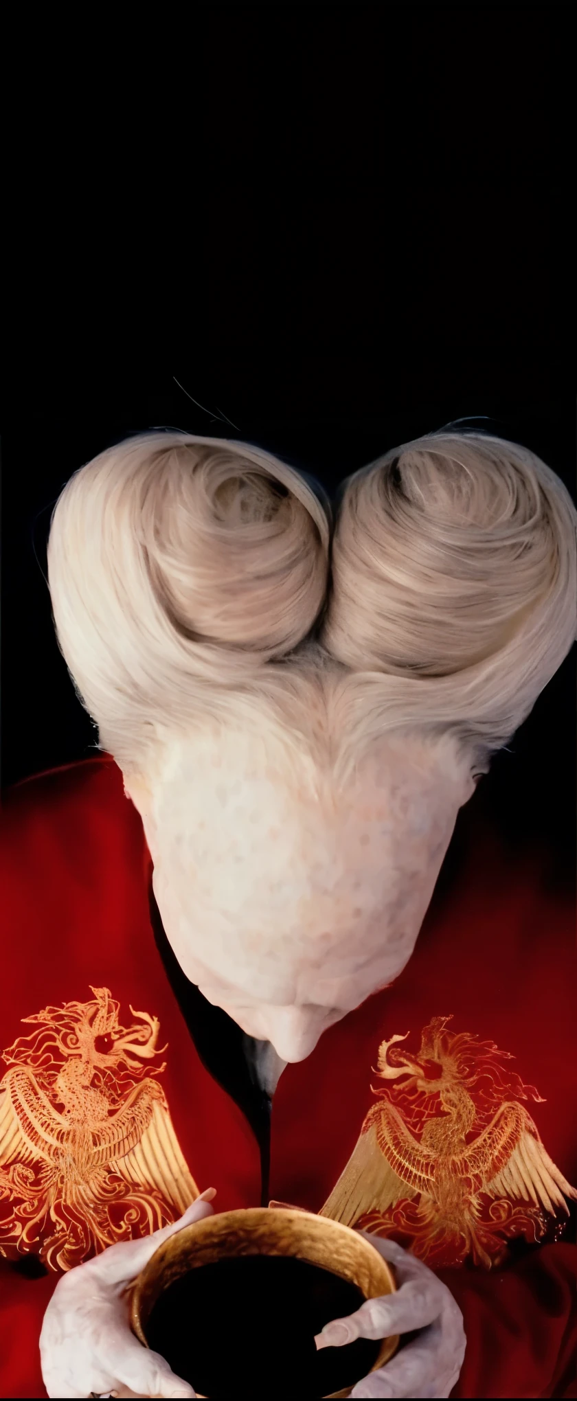 A close-up of the top of a person's head holding a bowl of food,