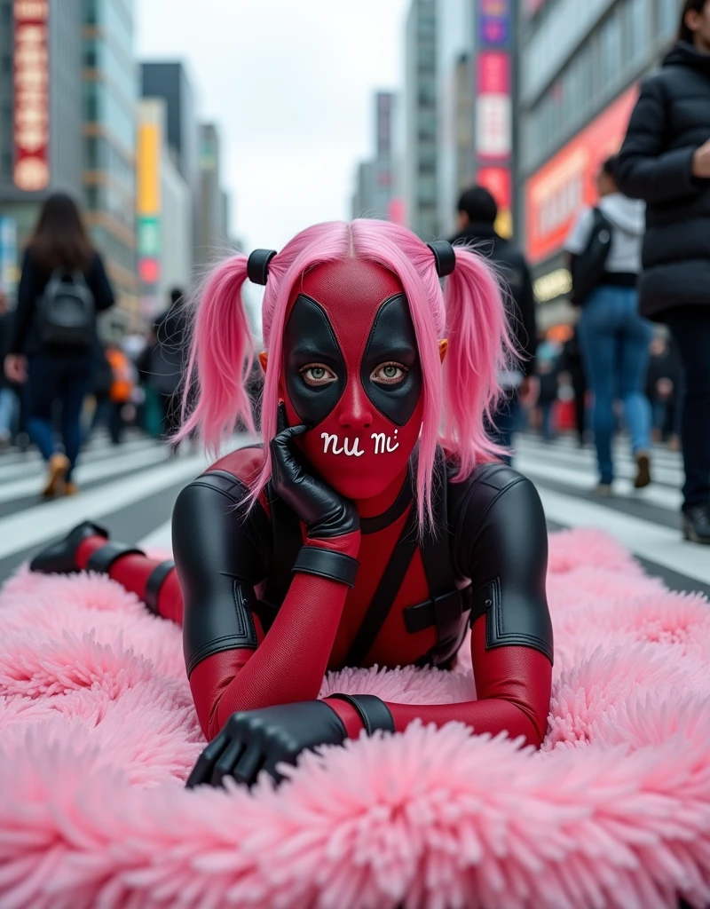 ((Highest quality)), ((masterpiece)), (photograph), (((from below))), ((40 years old)), ((Japanese women)), ((Deadpool costume and mask)), (((The word "mu mi" is written in white letters on the mouth.))), Deadpool woman with pink hair and twin tails, Lying on a fluffy pink bath mat at Tokyo's Scramble Crossing, Surrounded by passers-by,