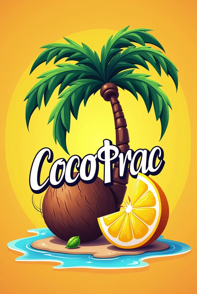 Create a striking logo with bright colors that has a palm tree, a coconut and that stands out more and a little lemon AND WRITE TEXTUALLY COCO CRAC