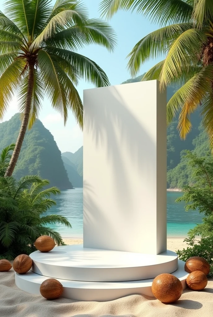 White podium in an island setting with coconut trees in the background and coconuts laying on the ground