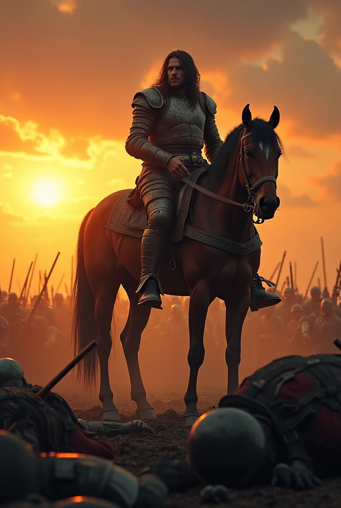 Sunset and a warrior who has won the war is sitting on his horse's back looking at the dead bodies on the ground.