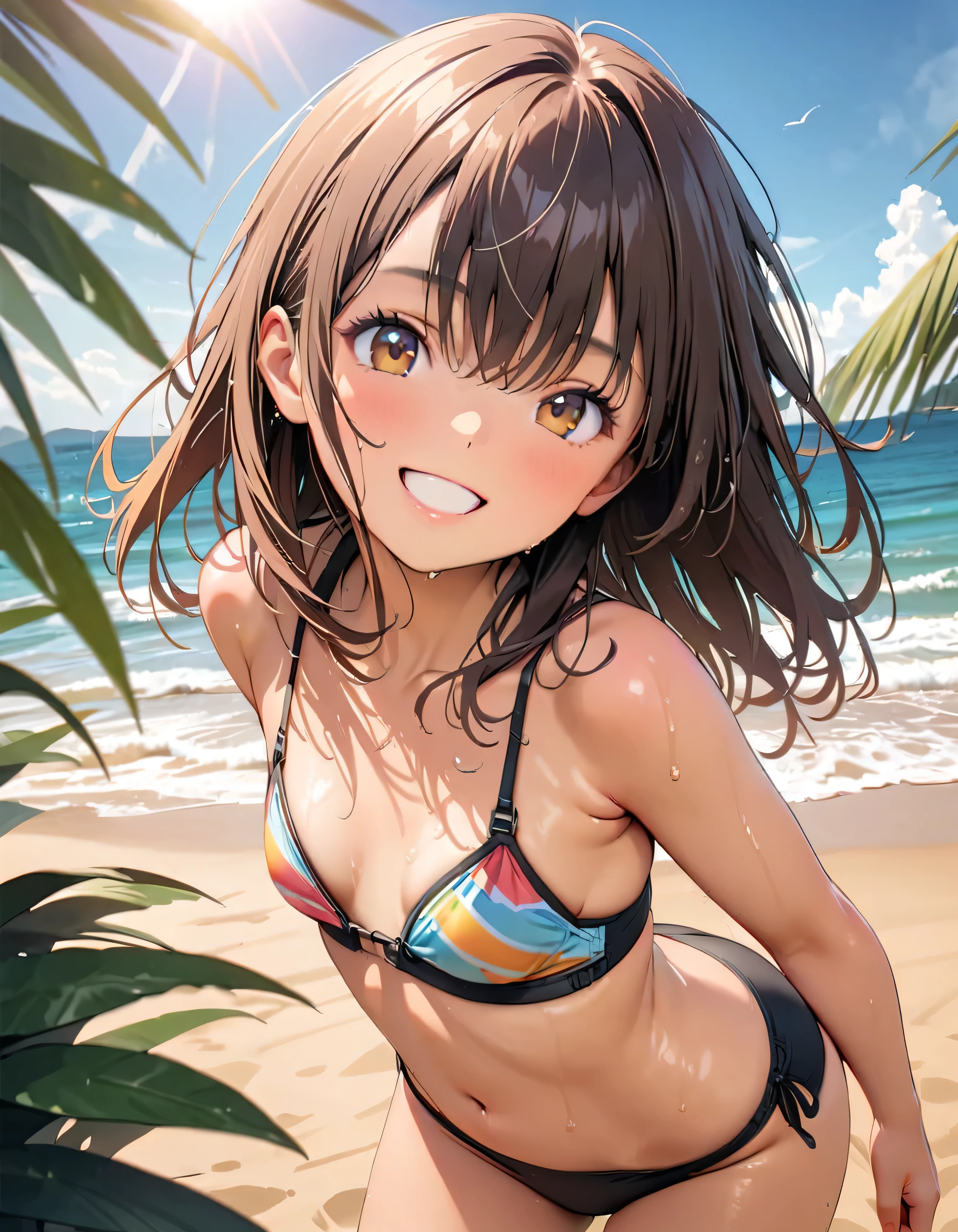 (Highest quality:1.2, Very detailed, up to date, Vibrant, masterpiece:1.2, Highest quality, Best aesthetics), smile, ((Face Up Shot:1.4)), 1980s style, 8k Ultra HD, Background Blur, smile, One Woman, Woman in bikini, Strong sunlight, Seaside, sunny, Summer sunshine, Wet Skin, Sandy Beach, Dynamic Angle, dynamic, Get excited, low length, very young, flat chested