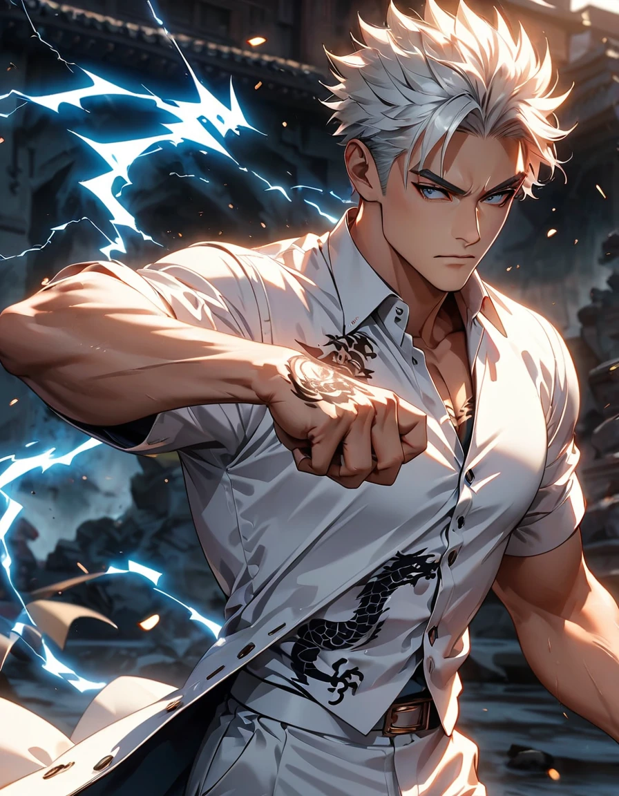 Strong handsome Asian man, lean but muscular male fighter, Gojo Satoru looks, Satoru Gojo, Gojo, ((wearing white tuxedo with dragon drawing on its backside)), ((dragon tattooed, dragon tattoo on body and arms, white haired handsome man:1.2)), Dramatic lighting, Chiaroscuro, Rough, Cinematic, (Super detailed), vibrant colors, Dramatic Shadows, Powerful, strong, Intimidating, Aggressive,. Intimidating, Authoritative, ((Intense combat action:1.2, Fighting Pose)), fantasy setting, battle Background, fist combat, ((lightning magic, lightning on his hands)), (Highest quality:1.2, Very detailed, up to date, Vibrant, Ultra-high resolution, masterpiece:1.2, Best aesthetics), Gojo white haired strong man with lightning on his hands, 1 man posing