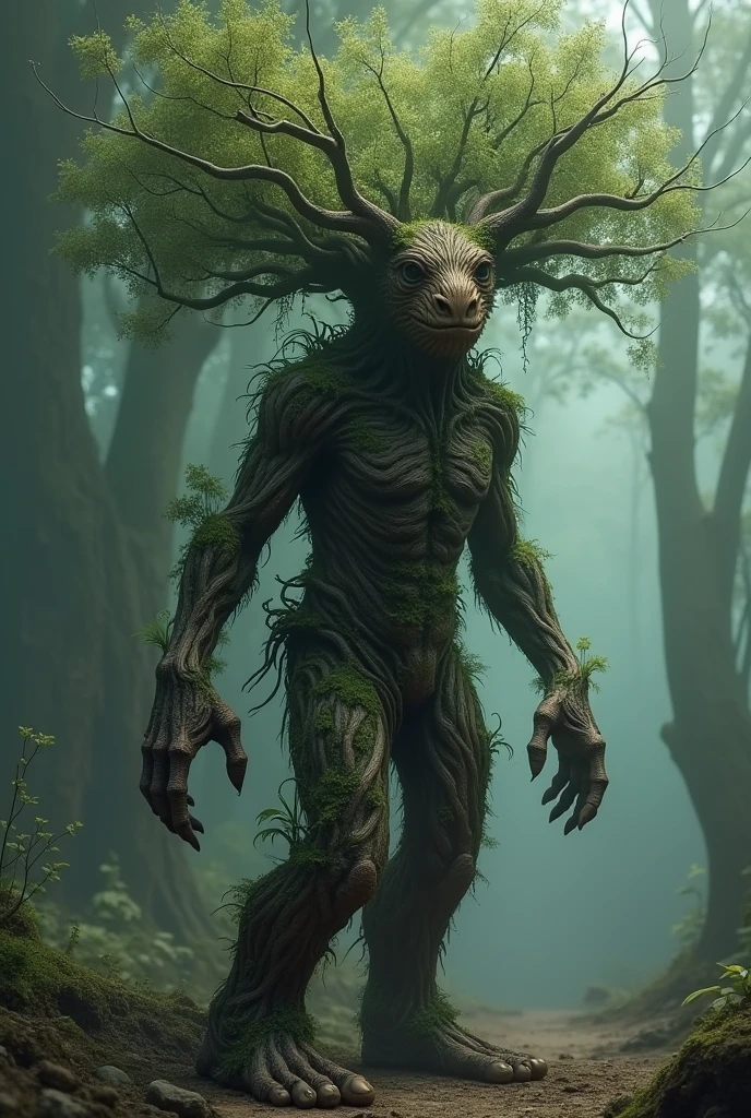 Design a 2D stylized character named 'Willow,' a tree guardian embodying the essence of nature. Willow should be depicted as a majestic, humanoid figure with bark-like skin, branches extending from its back, and leaves growing from its limbs. The character should have a serene expression, symbolizing its role as a protector of the forest. The color palette should include earthy tones of brown and green, with glowing accents of light green to represent life energy. The background should feature a mystical forest with ancient trees, soft sunlight filtering through the canopy, and a sense of tranquility