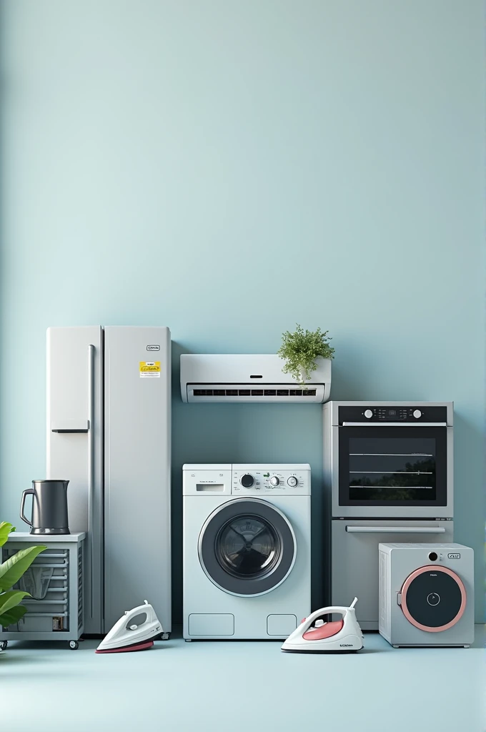 Single door fridge , semi automatic washing machine , LED , oven , Ac , iron , juicer mixer grinder , induction kettle grouped together Indian brand