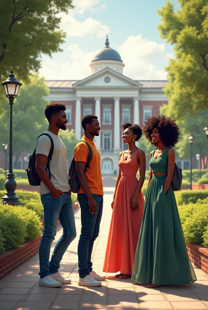 Two mature black boys and two mature black girls in a university background. The two boys are casually dressed. The two girls are wearing gowns.