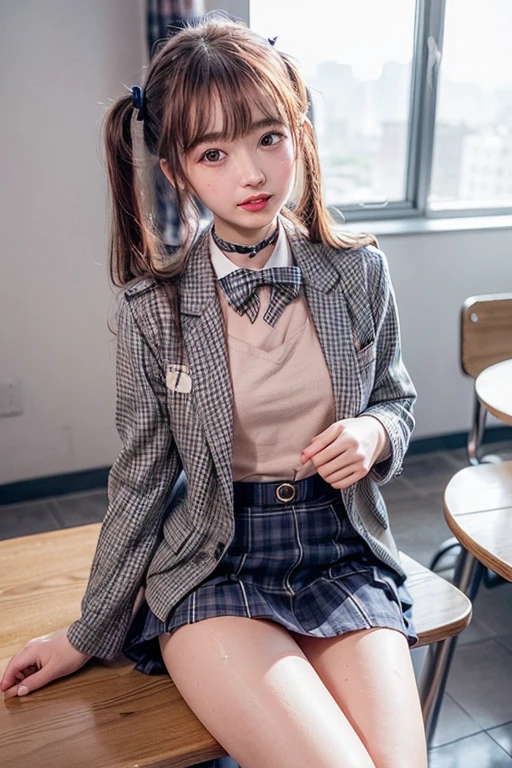 ((Highest quality、8k、masterpiece))、((Sharp focus:1.2))、(((Low Twintails、Embarrassing、red blush、Embarrassing、Teaching Mouth))),(((((Navy School Blazer、Grey checked skirt))))),(small 、Estrus、I、cute bra、cute panties、cute 、cute Camel Toe、Panties are wet、スカートの裂けeye、I showing my panties、Sleeveless、High heels),((On a university campus))、Tabletop, One Girl, Highest quality, Super detailed, (Shiny), (small)、(((with blush cheeks,))),Ray Tracing,Perfect lighting, (Milky skin:1.2),reflection,  look up_in_Audience, blush, ribbon, yellow_eye, White choker, Two cute beautiful girls from Japan、small ribbons in the hair、Contrast legs