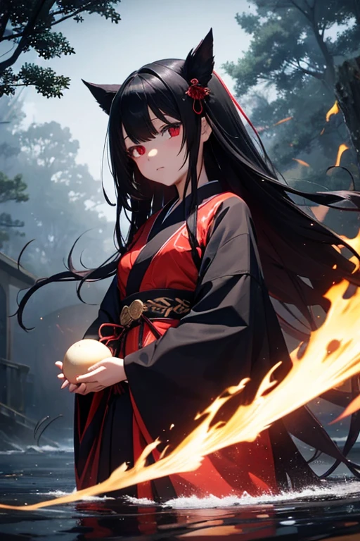 orange and black、Wizard Girl、With fox ears、tailed:1、The long-haired:1、Black hair:1、simple background、Have a big cane、Releasing electricity from the wand:1.1、White sleeves:1.1、Orange cloak:1.2,Black miniskirt:1.2