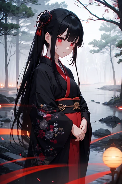 Girl doll, jointed ball, black hair, long hair, red eyes, black kimono, expressionless, dark night, nature, wood, Sanzu River, fog, afterlife