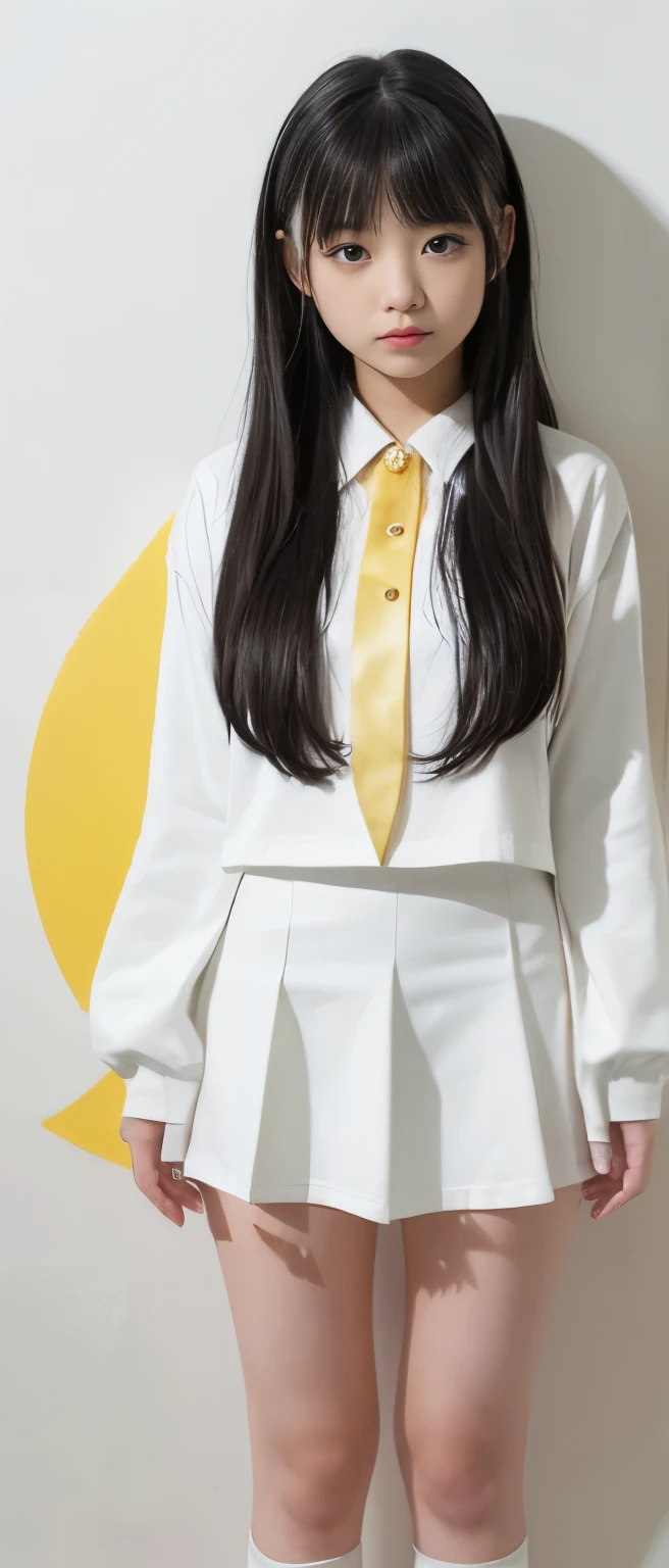 Paint-covered idol girl、whole body、Good style、、、、、、、、、、Thick legs、、、White uniform covered in paint（gold）、Cool girl face、、、、、goldグラフィティアート、Black Long Hair