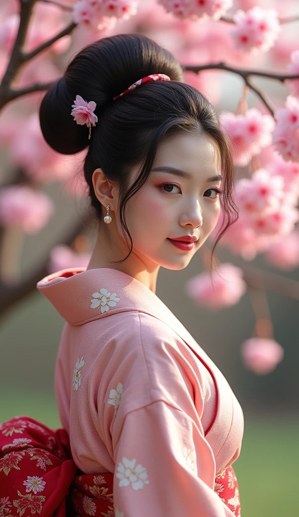    Masterpiece, Best Quality, High Details, High Resolution, High Quality, Super Detailed, Textured Skin, Retina, Pretty Japanese girl,(( Full body shot)), Hair Bun,((very huge hairbun)),((the size of hairbun is 8 times size of her head)),(( round hairbun)) Smile, Large breasts, Ribbon, looking back over shoulder ,wear kimono,sakura tree view 