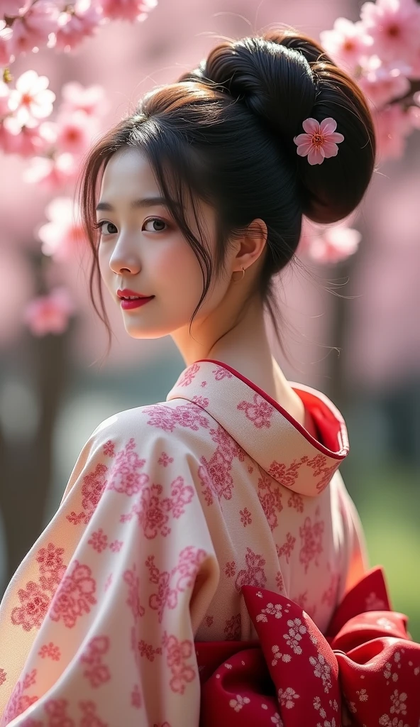    Masterpiece, Best Quality, High Details, High Resolution, High Quality, Super Detailed, Textured Skin, Retina, Pretty Japanese girl,(( Full body shot)), Hair Bun,((very huge hairbun)),((the size of hairbun is 8 times size of her head)),(( round hairbun)) Smile, Large breasts, Ribbon, looking back over shoulder ,wear kimono,sakura tree view 