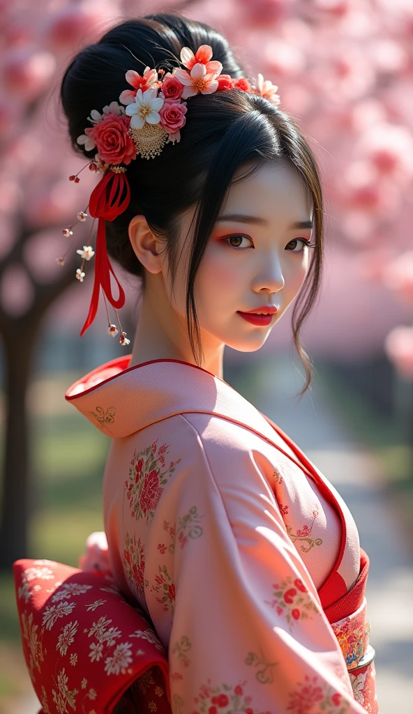 Masterpiece, Best Quality, High Details, High Resolution, High Quality, Super Detailed, Textured Skin, Retina, Pretty Japanese girl,(( Full body shot)), Hair Bun,((very huge hairbun)),((the size of hairbun is 8 times size of her head)),(( round hairbun)) Smile, Large breasts, Ribbon, looking back over shoulder ,wear kimono,sakura tree view