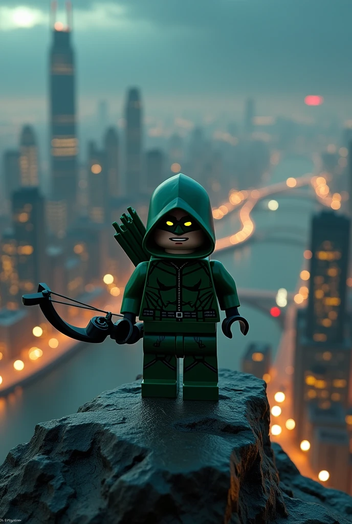green arrow lego man standing on a rock overlooking the city skyline, the lego movie still, cinematic shot!, epic cinematic shot, movie still 8 k, Movie scene, lego batman movie color script, looking over city, long cinematic shot, cinematic wallpaper 4k, cinematic wallpaper 4k, Gotham City Night, cinematic shot, promotional still wide angle, epic and cinematic view in 1920x1080