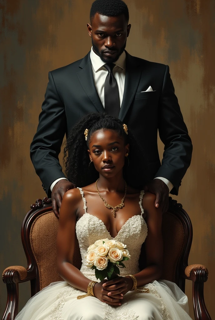African bride, seated in a luxurious wedding dress, holding a bouquet, her wrists bound with chains that rest heavily on her lap. Behind her stands a tall, imposing African man in a suit jacket, his presence dominating. His gaze is fixed on her, exuding control and authority. The contrast between her delicate, seated form and the powerful figure behind her creates an intense atmosphere of tension, captivity, and restrained emotion, beautiful realistic art"